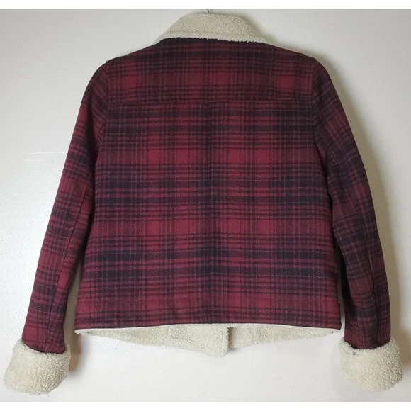 American Eagle Red Black Plaid Bomber Moto Jacket Faux Fur Small Sherpa Wool - Picture 4 of 10